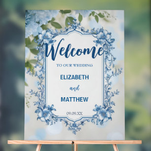 Moderne Blue & White Overlay Blume Hochzeit Acrylschild