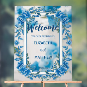 Moderne Blue & White Overlay Blume Hochzeit Acrylschild