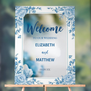 Moderne Blue & White Overlay Blume Hochzeit Acrylschild