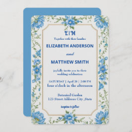 Moderne Blue & White Overlay Blume Hochzeit Einladung