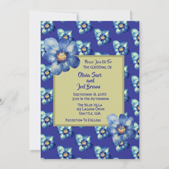 Moderne Blue & Yellow Wildblume Royal Blue Wedding Einladung (Vorderseite)