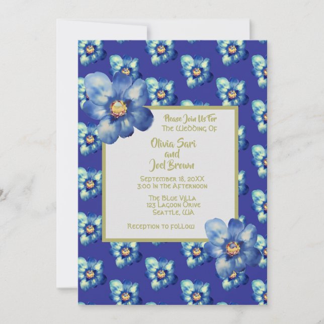 Moderne Blue & Yellow Wildblume Royal Blue Wedding Einladung (Vorderseite)