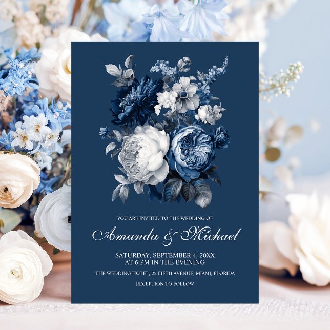 Moderne Blues & Graublütenhochzeit Einladung (Modern Blues & Gray Floral Wedding Invitation)
