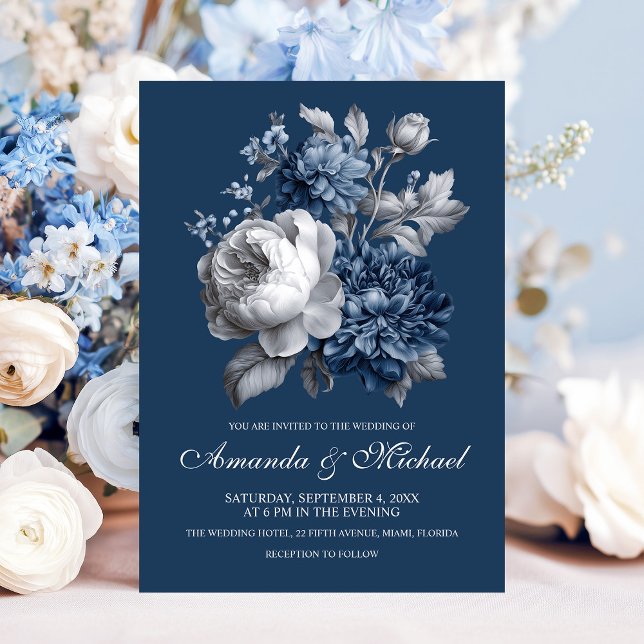 Moderne Blues & Graublütenhochzeit Einladung (Modern Blues & Gray Floral Wedding Invitation)