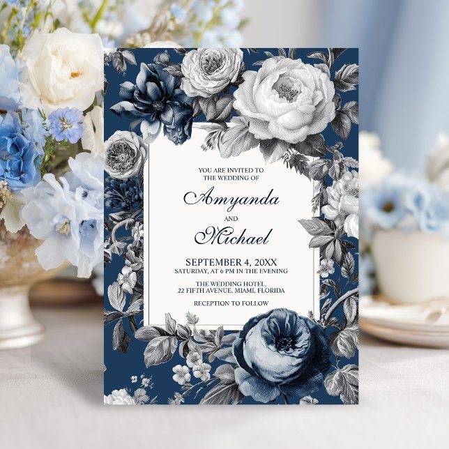 Moderne Blues & Graublütenhochzeit Einladung (Modern Blues & Gray Floral Wedding Invitation)
