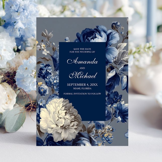 Moderne Blues & Graublütenhochzeit Save The Date (Modern Blues & Gray Floral Wedding Save The Date)