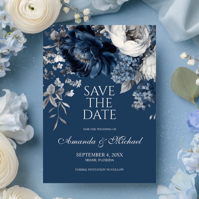 Moderne Blues & Graublütenhochzeit Save The Date (Modern Blues & Gray Floral Wedding Save The Date)