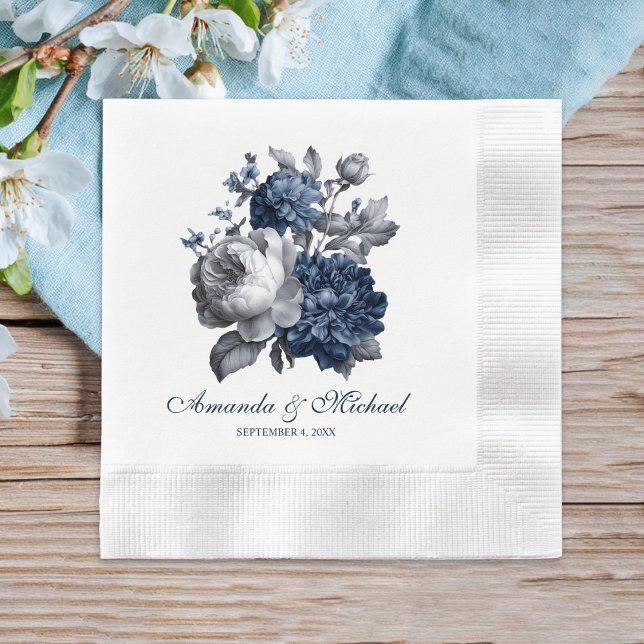 Moderne Blues & Graublütenhochzeit Serviette (Modern Blues & Gray Floral Wedding Napkins)