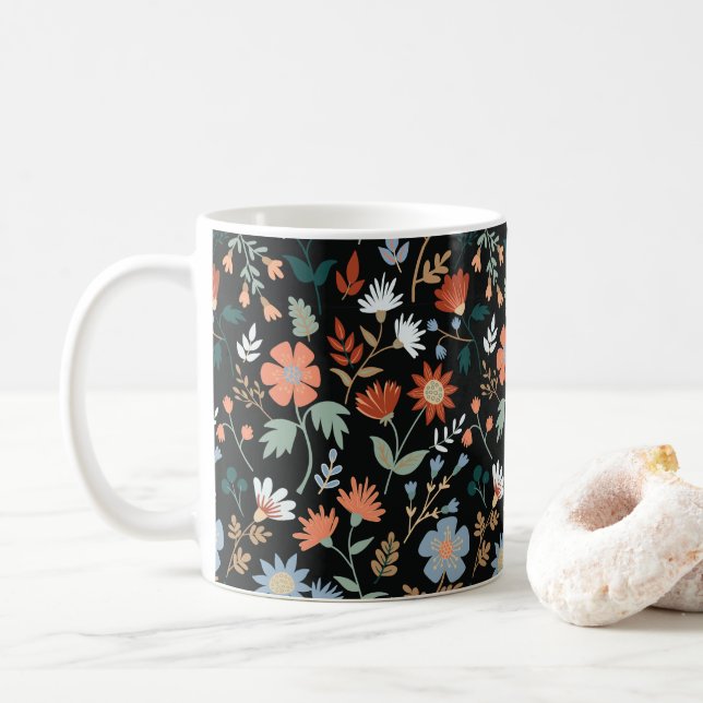 Moderne Blume Blätter Black Orange Blue Floral Kaffeetasse (Mit Donut)