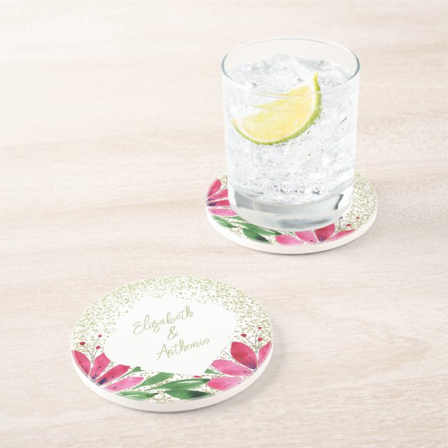 Moderne Blume blühen Aquarellfarbe Rosa Glitzer Getränkeuntersetzer (Seite)