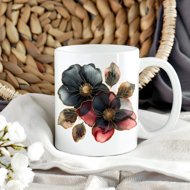 Moderne Blume in Aquarellgold Schwarz und Bordeaux Kaffeetasse (Von Creator hochgeladen)
