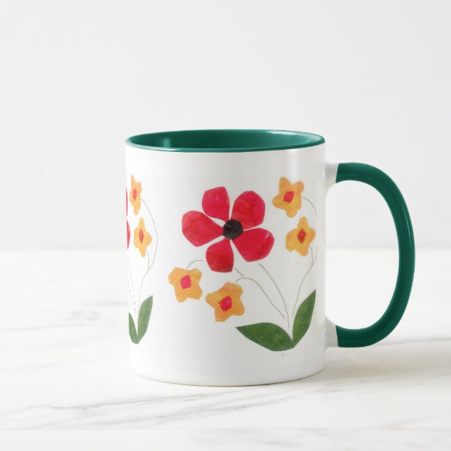 Moderne Blume in Rot und Orange in Weiß Tasse (Rechts)