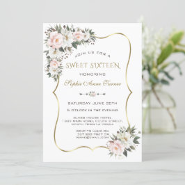 Moderne Blume in Weißrosa Goldrahmen Sweet 16 Einladung