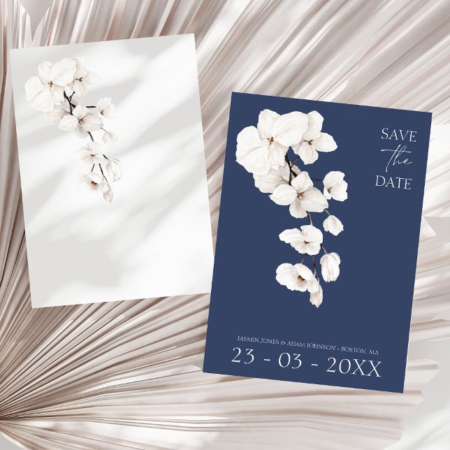 Moderne Blume mit blauen Orchideen Hochzeiten Save The Date (Modern Navy Blue White Orchids Flowers Wedding Save The Date)