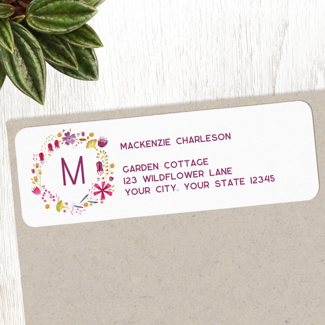 Moderne Blume Monogram-Rücksendeadresse (Modern monogram initial personalized watercolor wildflower floral return address label sticker)