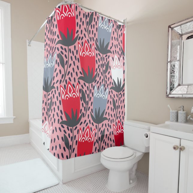 Moderne Blume Rosa Graues Weiß Land Duschvorhang (Beispiel)
