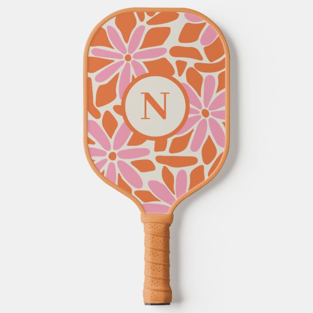 Moderne Blume Rosa und Orange Monogramm Pickleball Schläger (Vorderseite)