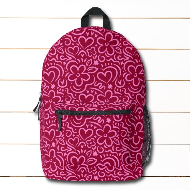 Moderne Blume Rotes Rosa Herzdoodle Bedruckter Rucksack (Von Creator hochgeladen)