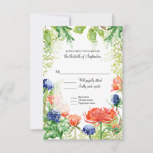Moderne Blume Watercolor Coral Blue Foliage Green RSVP Karte