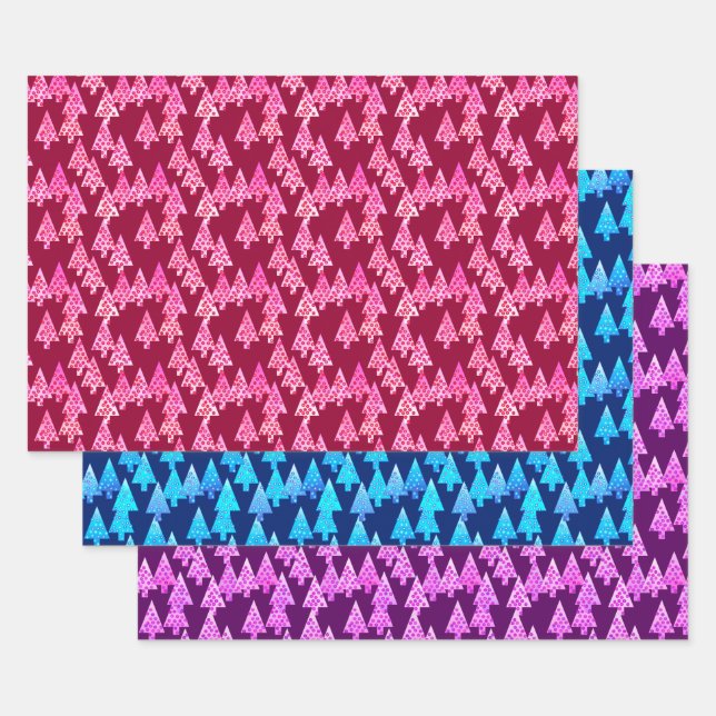 Moderne Blume Weihnachtsbäume, Wein, Blau, Lila Geschenkpapier Set (Set)