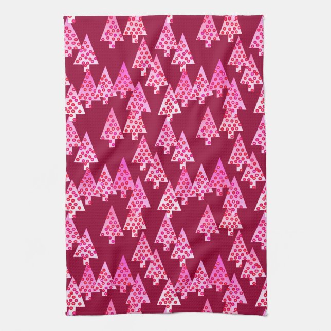 Moderne Blume Weihnachtsbäume - Wein & Rosa Geschirrtuch (Vertikal)