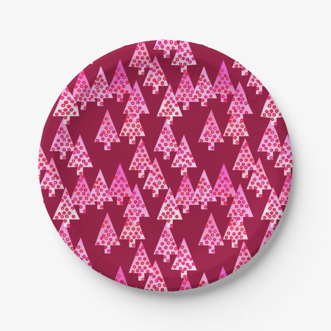 Moderne Blume Weihnachtsbäume - Wein & Rosa Pappteller (Vorderseite)