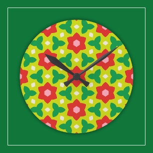 Moderne Blume zu grün und rot geometrisch gegliede Runde Wanduhr