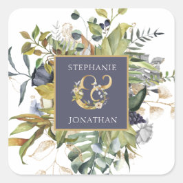 Moderne Blumen |Blue & Green w Ampersand Hochzeit Quadratischer Aufkleber