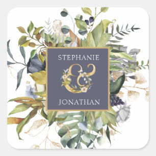 Moderne Blumen Blue & Green w Ampersand Hochzeit Quadratischer Aufkleber