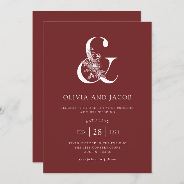 Moderne Blumen | Burgundy Ampersand Wedding Einladung (Vorne/Hinten)