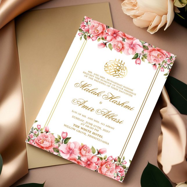 Moderne Blumen & Gold bilden einen Rahmen für isla Einladung (Von Creator hochgeladen)