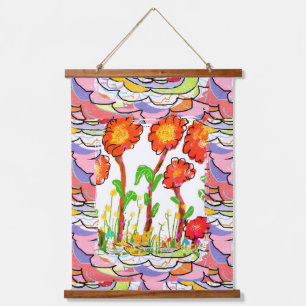 Moderne Blumen im Art Deco-Stil - Mixed Media  Wandteppich Mit Holzrahmen