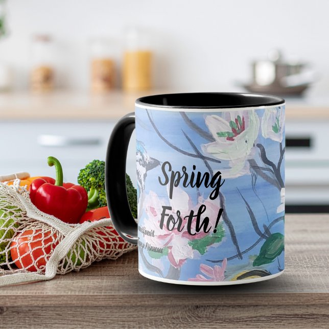 Moderne Blumen ''Spring Forth'' Kunst Tasse (Lovely Bird Watching Mug)