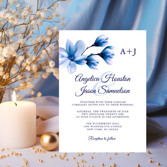 Moderne Blumenblauer Hochzeitstag Einladung (Modern Watercolor Floral Blue Navy White Wedding Invitation)