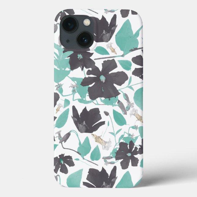 Moderne Blumenblüten Grau Aquamarines Muster Ca Case-Mate iPhone Hülle (Rückseite)