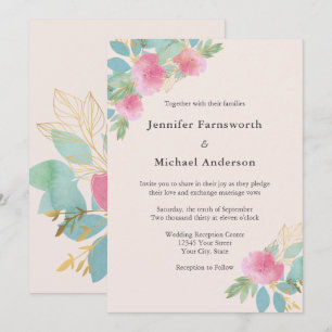 Moderne Blumenblütenblüte Rosa Blaue Hochzeit Einladung