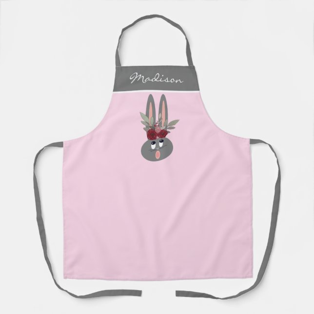 Moderne Blumenbunny Pink Personalisierter Name Fra Schürze (Vorderseite)