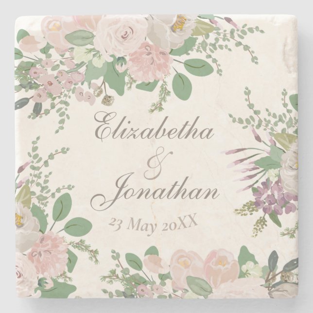 Moderne, blumengeschmückte Hochzeit personalisiert Steinuntersetzer (Vorderseite)