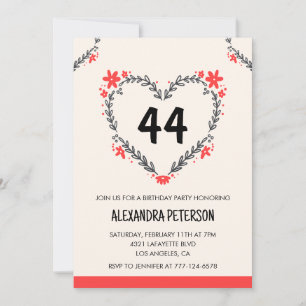 Moderne Blumenherzen für sie zum 44. Geburtstag fü Einladung