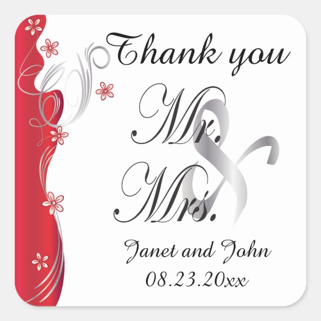 Moderne Blumenhochzeit | Deep Red and Silver Quadratischer Aufkleber (Vorderseite)