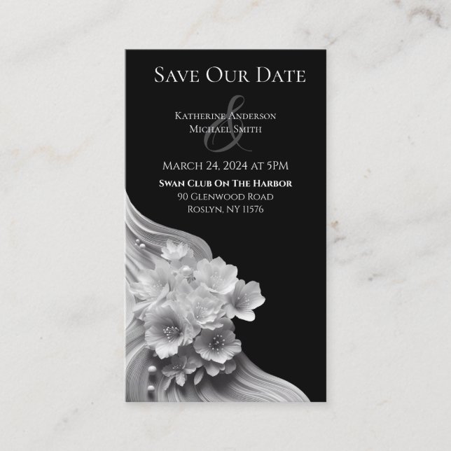 Moderne Blumenhochzeit in Schwarz und Weiß Visitenkarte (Vorderseite)