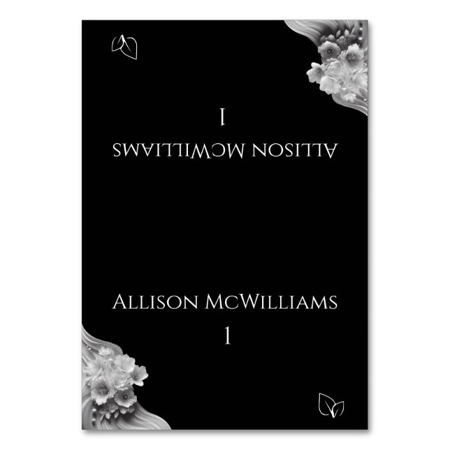 Moderne Blumenhochzeit Schwarz und Weiß Vegetarier Tischnummer (Vorderseite)