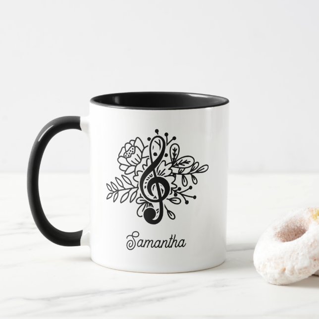 Moderne Blumenklöppel Clef Schwarz-weiße Musik Lie Tasse (Mit Donut)