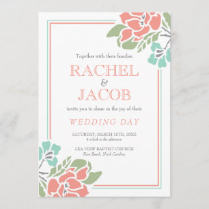 Moderne Blumenkoralle und Aquamarine Hochzeiten Einladung