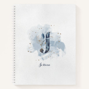 Moderne Blumenmonogramm Buchstabe J Blau Gold Notizbuch