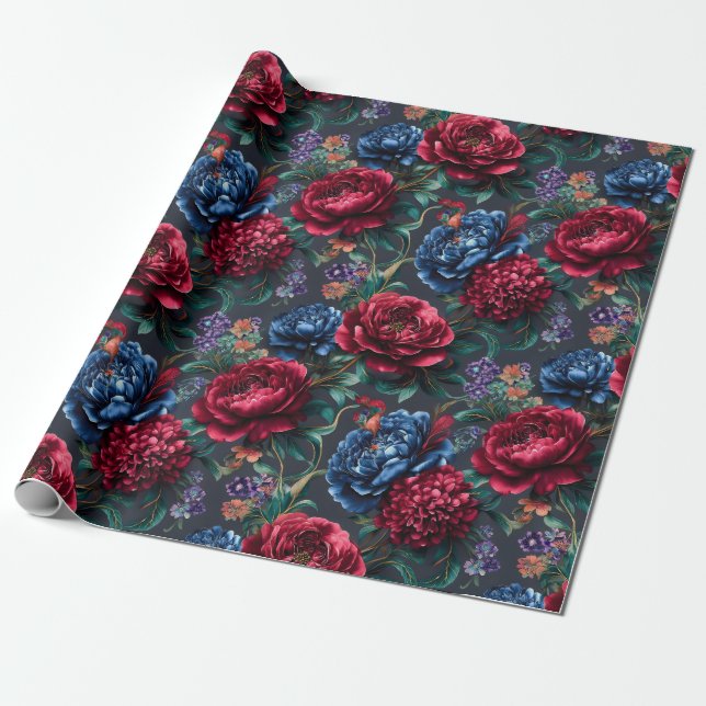 Moderne Blumenmuster in Juwelentönen Geschenkpapier (Ungerollt)