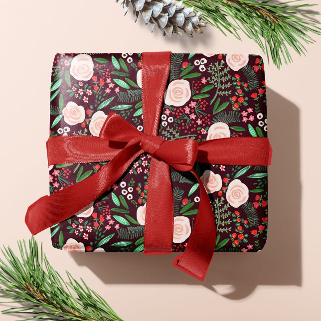 Moderne Blumenmuster Weihnachtsfeiertage Geschenkpapier (Modern Floral Pattern Christmas Holiday Wrapping Paper)