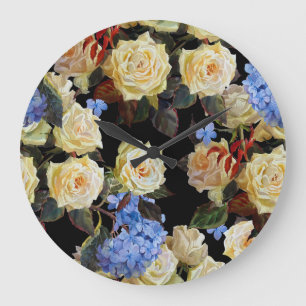 Moderne Blumenmuster, weiße Rosen, blaue Hortensie Große Wanduhr