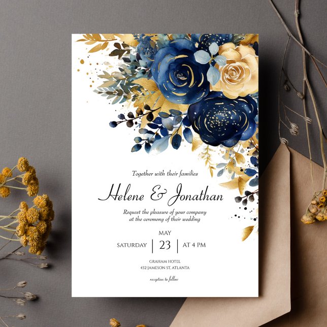 Moderne blumennavy Blue Gold Hochzeit Einladung (Modern Floral Navy Blue Gold Wedding Invitation)