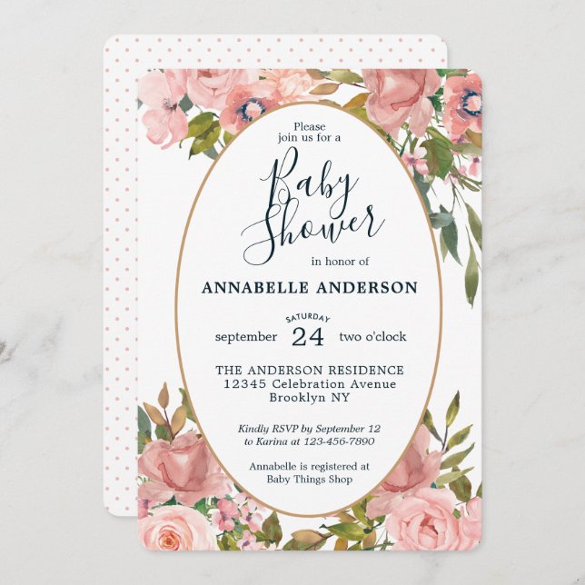 Moderne Blumenrosa Blush Gold Garden Baby Dusche Einladung (Vorne/Hinten)